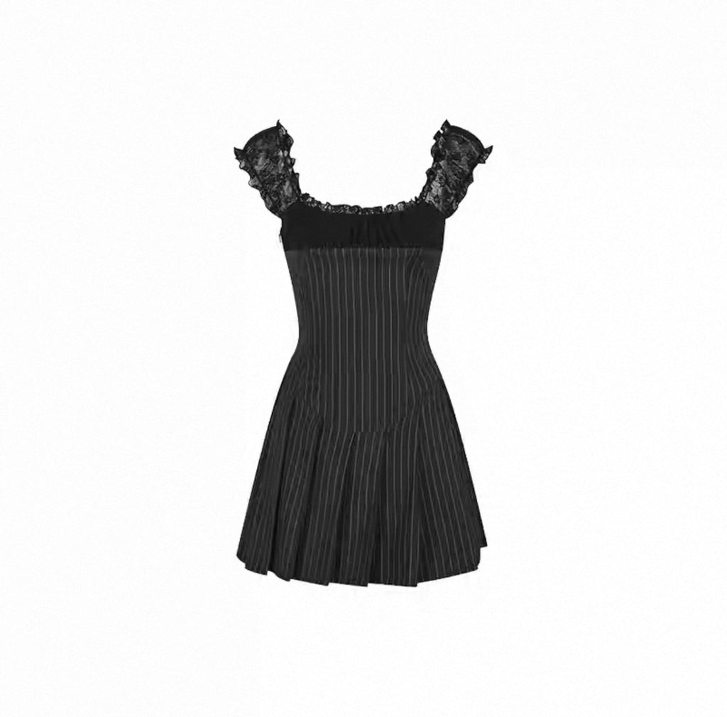 Black Pinstripe Pleated Mini Dress / ブラックピンストライププリーツミニワンピース