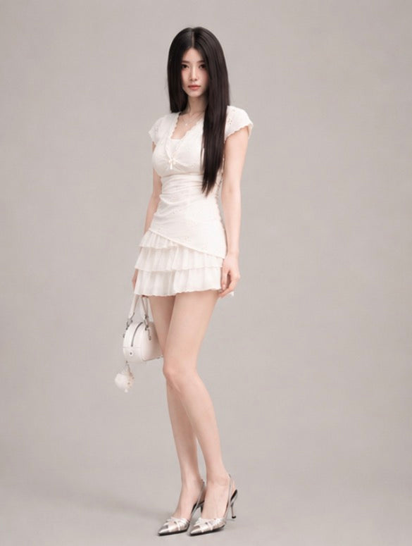 Eyelet Tiered Ruffle Mini Dress /アイレットティアードフリルミニワンピース