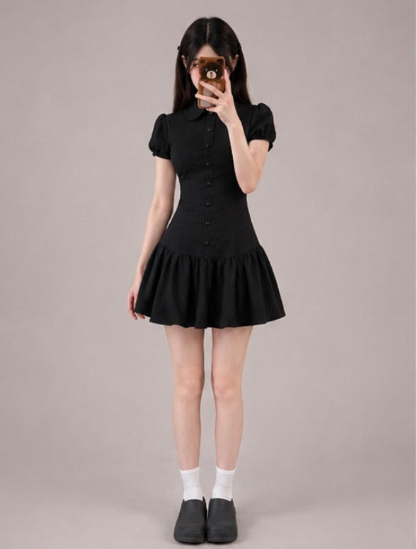 Black Collar Puff Sleeve Mini Dress / ブラックカラーパフスリーブミニワンピース