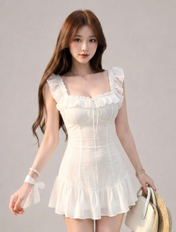 White Ruffle Corset Mini Dress / ホワイトフリルコルセットミニワンピース
