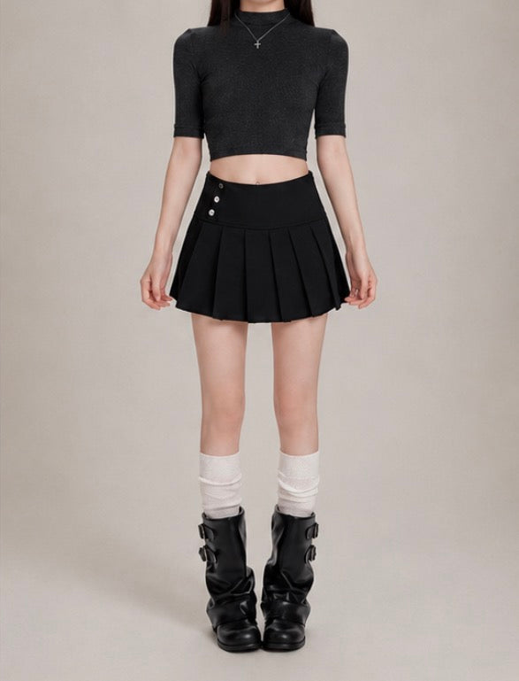Button Pleated Mini Skirt / ボタン Pleated ミニスカート