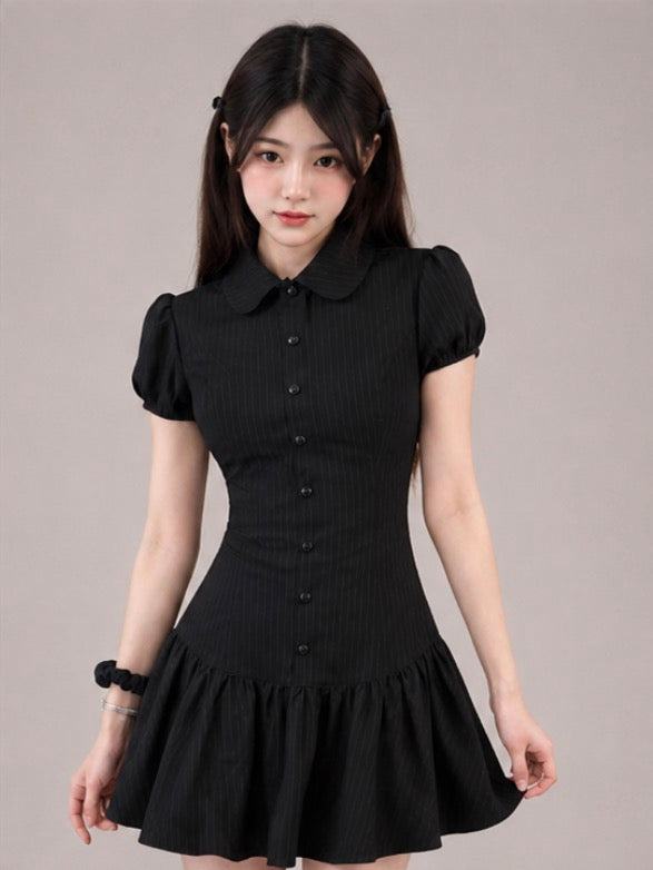 Black Collar Puff Sleeve Mini Dress / ブラックカラーパフスリーブミニワンピース