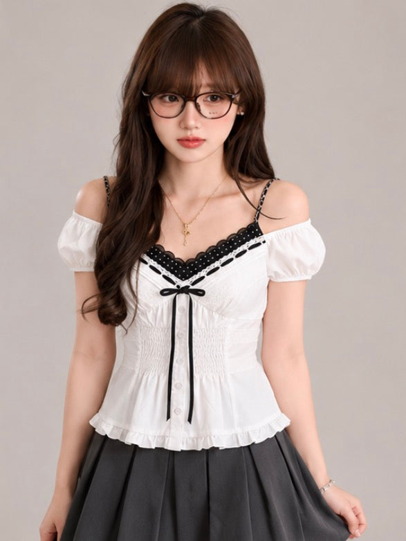 White Lace Trim Cold-Shoulder Top / ホワイトレーストリムコールドショルダートップス