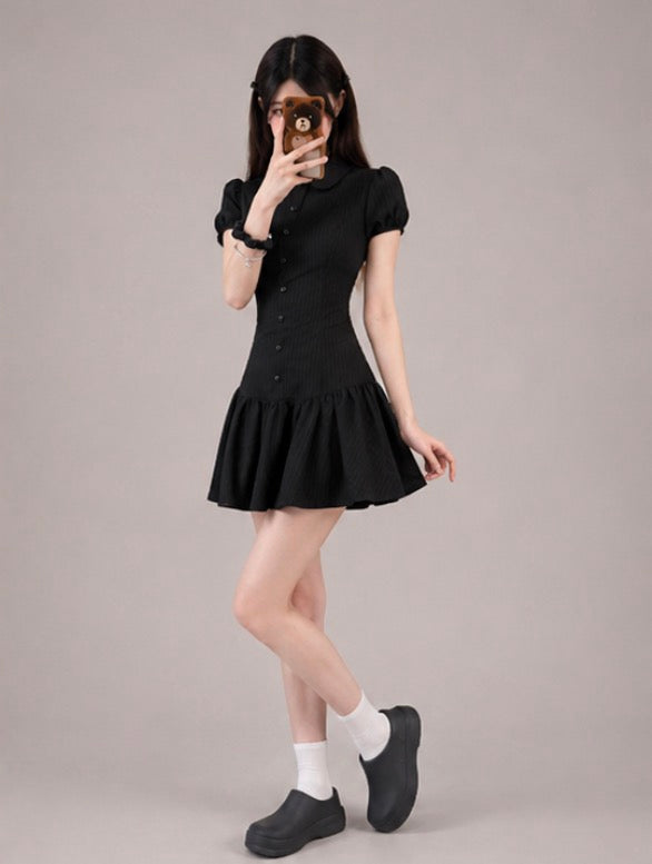 Black Collar Puff Sleeve Mini Dress / ブラックカラーパフスリーブミニワンピース