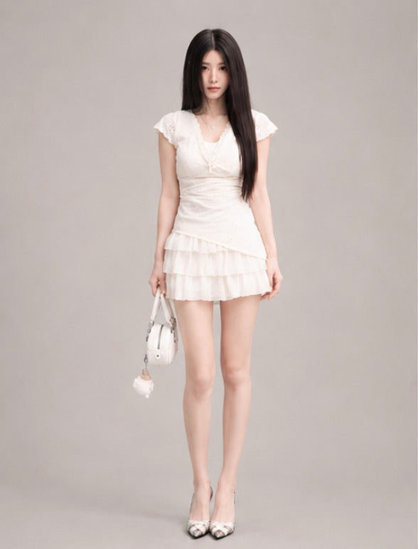 Eyelet Tiered Ruffle Mini Dress /アイレットティアードフリルミニワンピース