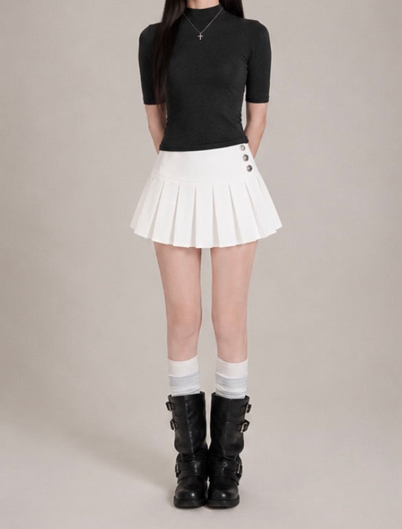 Button Pleated Mini Skirt / ボタン Pleated ミニスカート