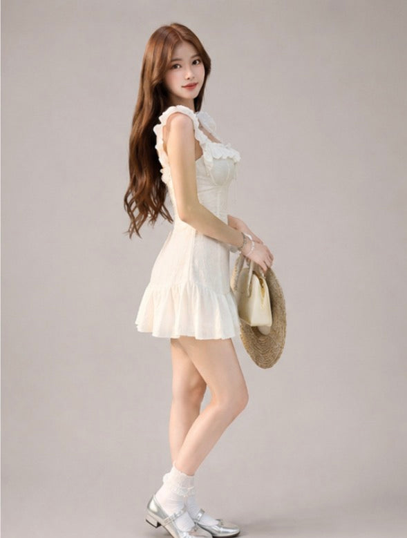 White Ruffle Corset Mini Dress / ホワイトフリルコルセットミニワンピース